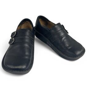 Alegria Black Leather Slip-On Sneakers with Double Buckle